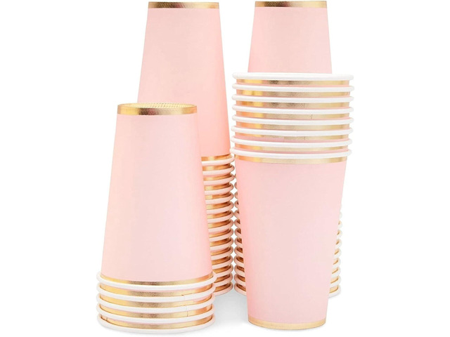 Juvale Pink Party Cups - 12 Oz, 50 Pack, Light Pink & Gold - Disposable Paper Cups for Hot & Cold Beverages - Bridal & Baby Shower