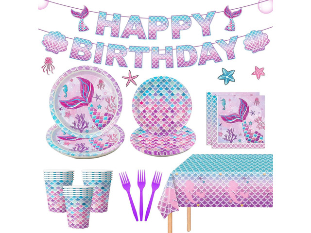 122Pcs Mermaid Birthday Party Decorations Set Mermaid Party Supplies Includes Plates, Napkin, Fork, Cup, Tablecloth, Banner for Baby Shower Ocean...