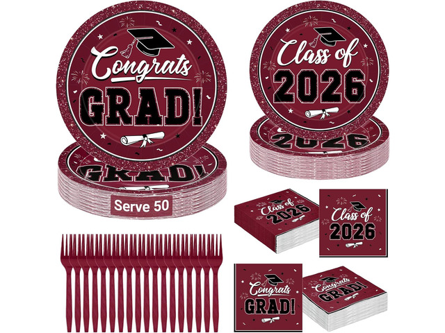 QZYL 200Pcs Graduation Supplies Set, Burgundy Graduation Plates, Napkins, Dessert Plates and Plastic Forks, Disposable Grad Party Supplies for 50...