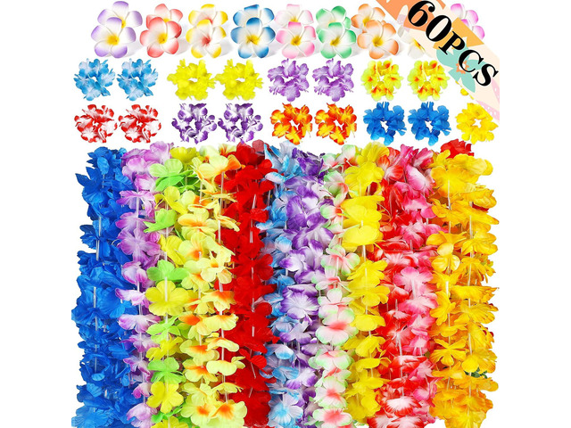 60PCS Hawaiian Luau Leis Party Decorations Birthday Supplies Set, Hawaii Tropical Flowers Necklaces Lei Bracelets Hair Clips Bulk Summer Beach...