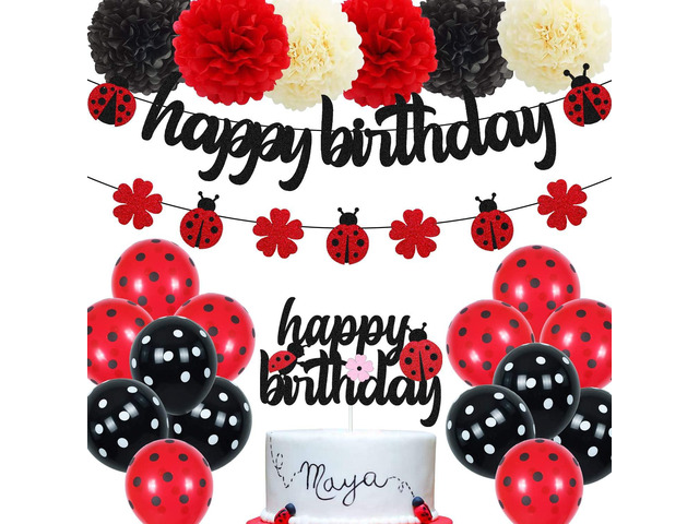 Ladybug Birthday Decorations Ladybird Happy Birthday Banner Ladybeetle Cake Topper Black Red Latex Balloon Pom Pom Flowers for Ladybug Theme Bday...