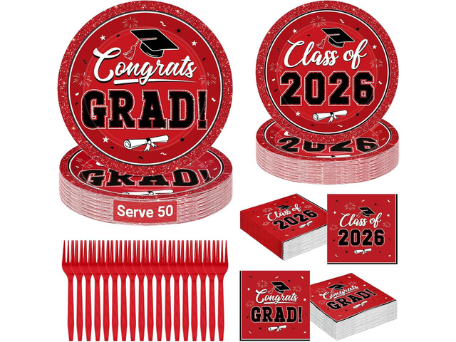 QZYL 200Pcs Graduation Supplies Set 2026, Red Graduation Plates, Napkins, Dessert Plates and Plastic Forks for 50 Guests, Grad Party Disposable...