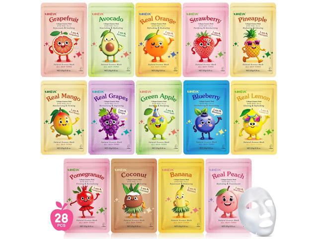 28 Pack Fruit Face Masks Skincare for Kids Girls, Sheet Collagen Face Mask for Women Skin Care, Bulk Hydrating Facial Mask for All Skin Types,...