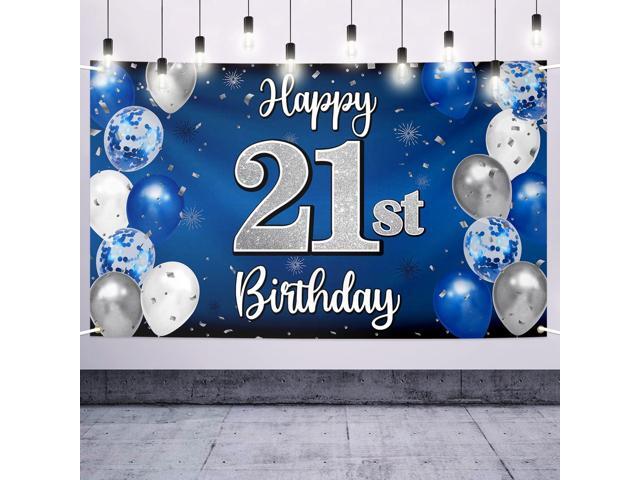 Happy 21st Birthday Decorations,21 Blue & Silver Balloon Large Birthday Banner Backdrop Sign,21st Bday Party Supplies.