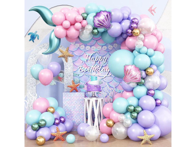 Mermaid Balloon Garland Arch Kit, Pastel Pink Purple Teal Blue Clear Latex Balloons with Mermaid Tail Seashell Foil balloons, for Girls Little...
