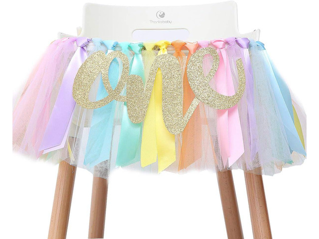 Pastel Rainbow High Chair Banner for 1st Birthday - Party Supplies with Tutu Skirt and Pennant