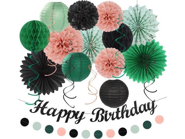 Sage-Green Blush-Pink Black Birthday Party-decorations - 21pcs Girls Woman Happy Banner Garland, Paper Streamers Lanterns,Flower Tissue Pom Poms...