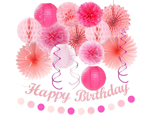 Light Hot Pink Birthday Party-Decorations - 21pcs Girl Happy Banner,Paper Lanterns Honeycomb,Tissue Pom Poms Flower Fan,Hanging Streamers...