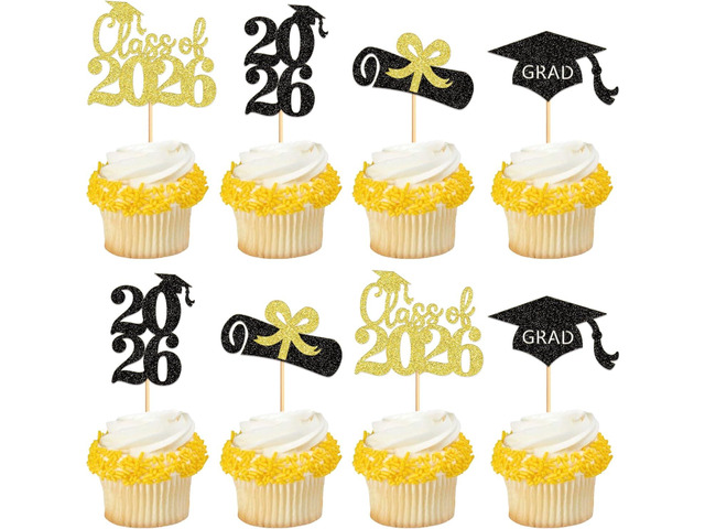 48Pcs Glitter Graduation Cupcake Toppers Class of 2026 Black Gold Grad Cap Diploma Food Appetizer Cupcake Picks Bachelor 2026 Graduation Theme...