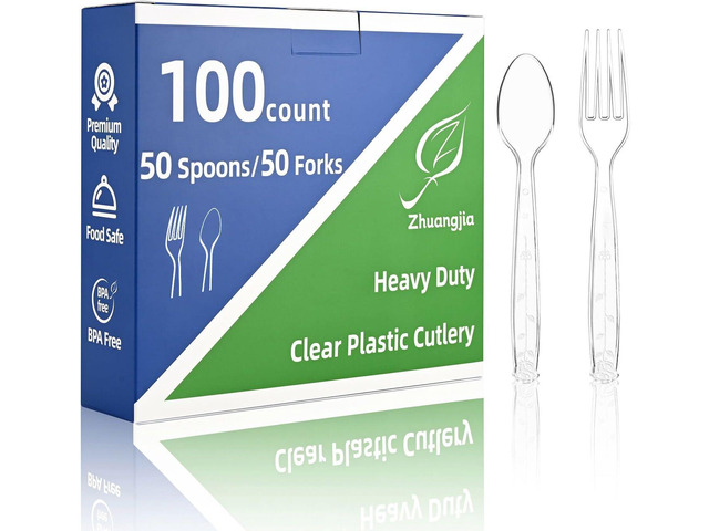 100 Count Plastic Silverware Heavy Duty 50Forks50Spoons Shatterproof BPA-Free Disposable Cutlery Heat Resistant Disposable Plastic Utensils for...