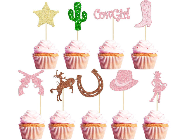 36Pcs Cowgirl Cupcake Toppers Glitter HorseShoe Cactus Gun Cupcake Picks Cowgirl Hats Boots Cake Decorations for Western Theme Baby Shower Girls...