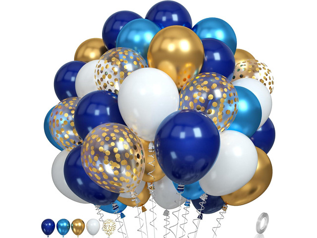 Navy Blue and Gold Balloons, Metallic Golden and Blue Balloon Navy and White Latex Balloons Gold Confetti Party Graduation Balloon for Birthday...