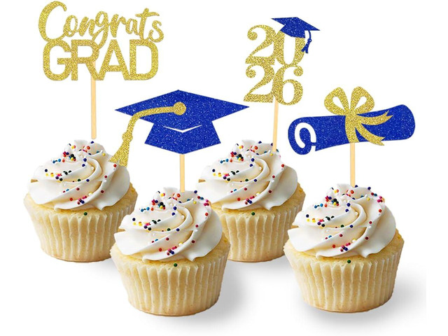 24Pcs Graduation Cupcake Toppers, Graduation Decorations Class of 2026 Cupcake Toppers (Blue Gold)