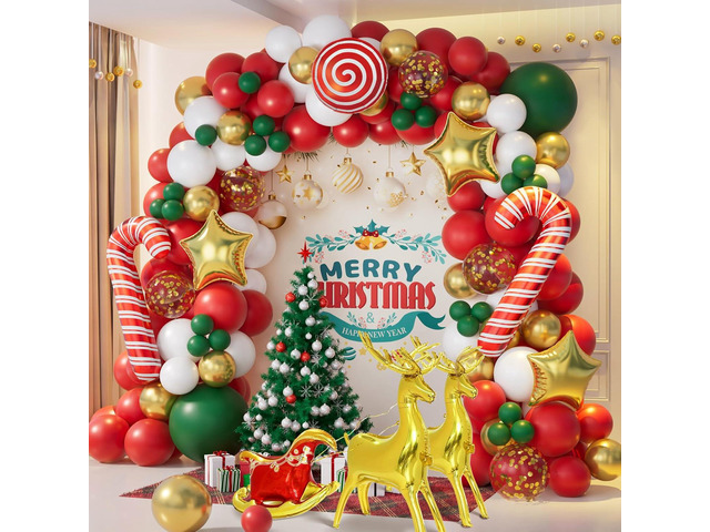 AobkDeco 138PCS Christmas Balloon Garland Arch Kit With Red Green Gold White Balloons Candy Balloon Sequin Balloons Moose Sleigh Balloon for...