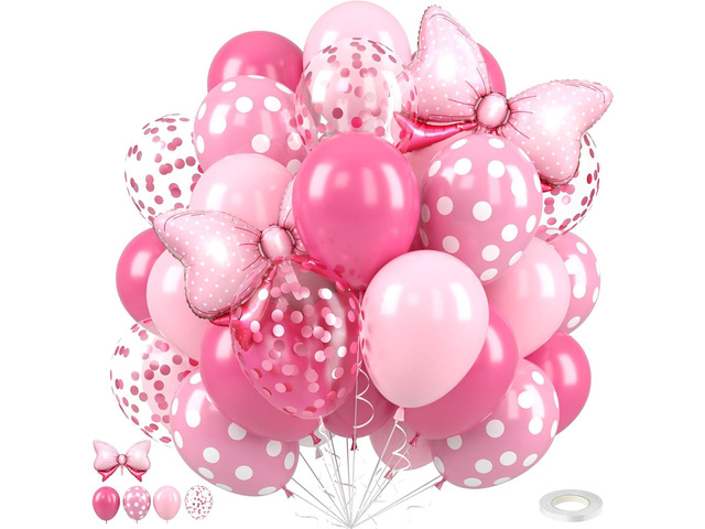 Pink Bow Balloons,12 Inch Hot Pink Rose Dots Bow Foil Balloon and Confetti Balloons with Ribbon,for Girls Birthday Baby Shower Decoration Birthday...