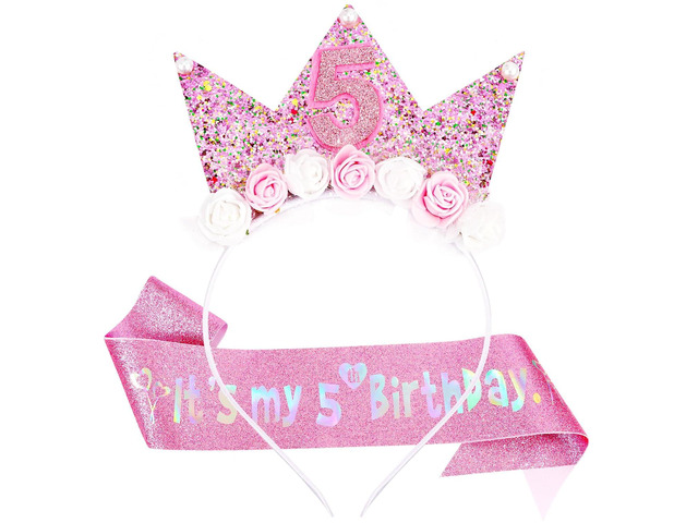 5th Birthday Headband & Sash Set - Floral Princess Crown Headband for Birthday Girl Dress Up, Photo Prop & Party Decorations