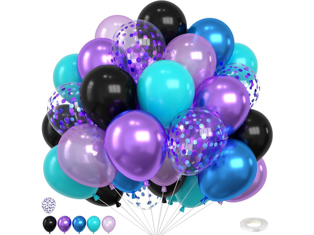 Black Purple Teal Blue Balloons,12 Inch Metallic Blue Purple Teal Blue Confetti Balloons with Ribbon,for Teens Gaming Birthday Graduation Party...