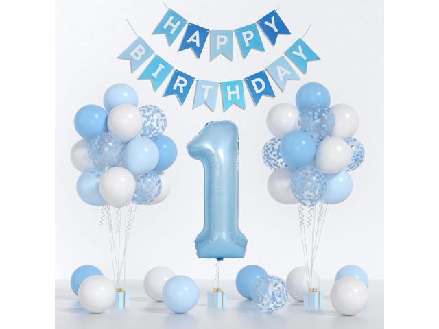 Baby Blue White Balloons And 40inch 1 Balloon, First Birthday Decorations For boy With blue White Confetti Balloons, Happy Birthday Banner Large 1...