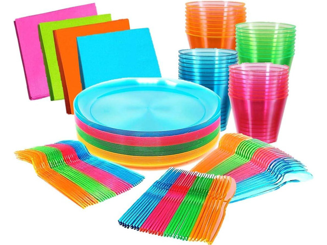 Kedudes Neon Glow Party Supplies, Serves 32 - Hard Plastic Disposable Party Neon Plates, Napkins, Neon Cups Tumblers, Cutlery - Forks, Knives,...