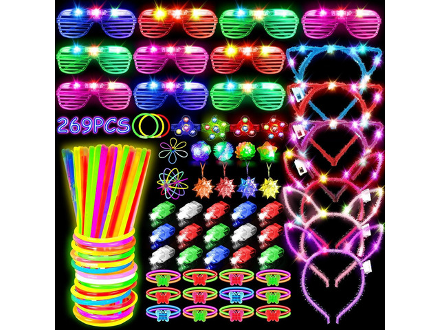 MIBOTE 269Pcs Led Light Up Toys Party Favors Glow in the Dark Party Supplies for Kid/Adults with Light Up Glasses,Headband,Rings,Bracelets,100 Glow...