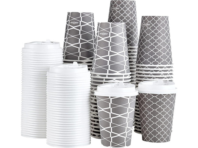JOLLY PARTY Disposable Coffee Cups with Lids -12 oz (100 Sets) To Go Cups, Paper Coffee Cups for Beverages Espresso Tea, Suitable for Cafes,...