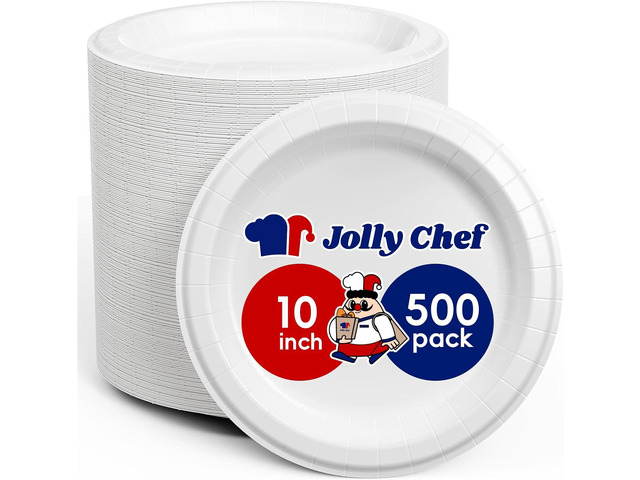 JOLLY CHEF Paper Plates 500 Count 10 inch,Soak Proof, Cut Proof, Microwave Safe Heavy Duty Paper Plates Disposable for Party or Everyday Use