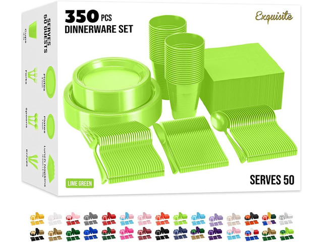 350 Pcs Lime Green Plastic Plates For Party, Lime Green Disposable Plates Set, 50 Of Each 9' Dinner Plate Set, 7' Dessert Plate, Cups, Napkins &...