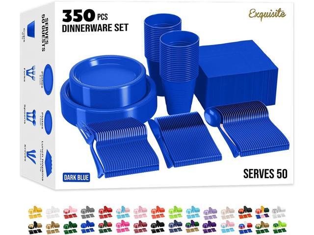 350 Pcs Dark Blue Plastic Plates For Party, Dark Blue Disposable Plates Set, 50 Of Each 9' Dinner Plate Set, 7' Dessert Plate, Cups, Napkins &.
