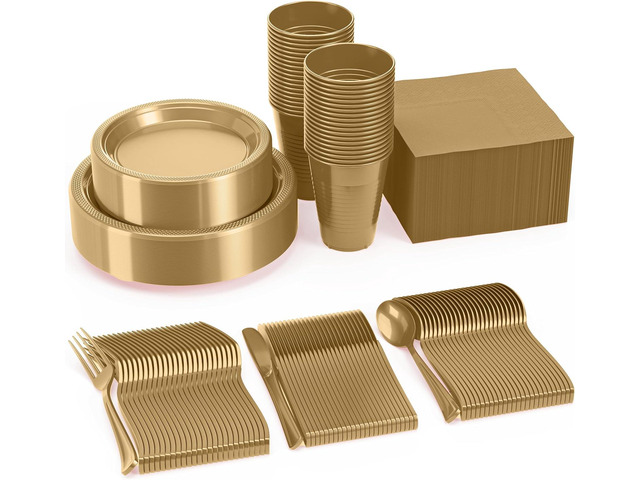 350 Pcs Gold Plastic Plates For Party, Gold Disposable Plates Set, 50 Of Each 9' Dinner Plate Set, 7' Dessert Plate, Cups, Napkins & Cutlery...