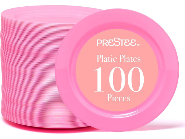 Prestee Pink Plastic Plates 6.25' 100 Pack Disposable Party Plates for Wedding, Events, Parties Elegant Pink Plastic Plates for Party, Fancy...