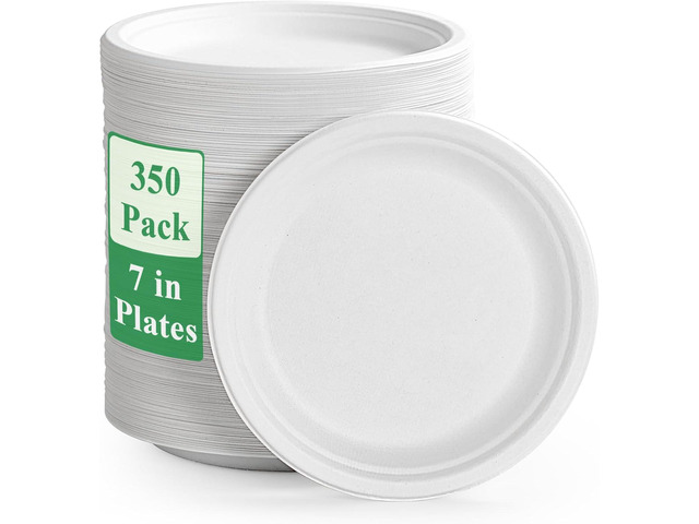 Vplus 350 Pack Paper Plates 6.9 inch 100% Compostable, Heavy-Duty Disposable Paper Plates Bagasse Natural Biodegradable Eco-Friendly Sugarcane(White)