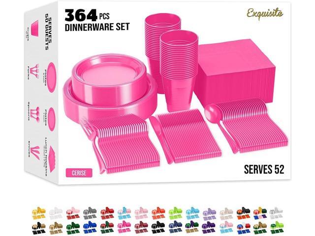 350 Pcs Cerise Plastic Plates For Party, Cerise Disposable Plates Set, 50 Of Each 9' Dinner Plate Set, 7' Dessert Plate, Cups, Napkins & Cutlery...