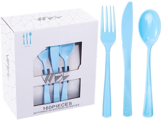 WDF 160 Piece Blue Plastic Silverware - Heavy Duty Blue Silverware Includes 80 Forks, 40 Spoons, 40 Knives, Disposable Plastic Utensils Perfect for...