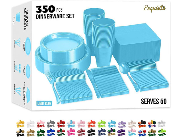 350 Pcs Light Blue Plastic Plates For Party, Light Blue Disposable Plates Set, 50 Of Each 9' Dinner Plate Set, 7' Dessert Plate, Cups, Napkins &...