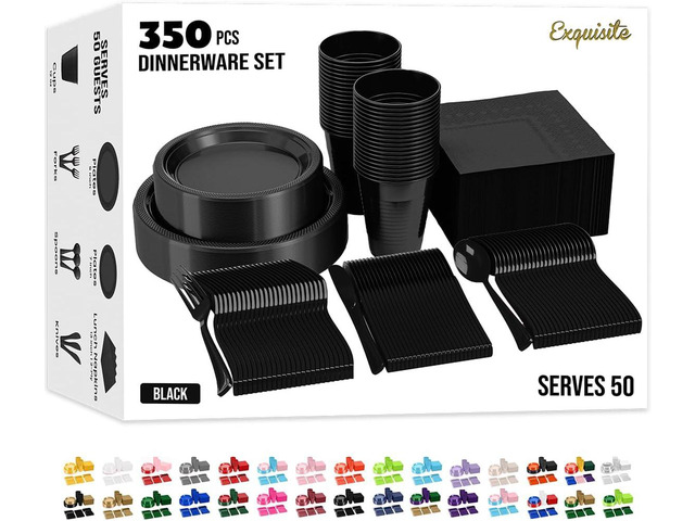 350 Pcs Black Plastic Plates For Party, Black Disposable Plates Set, 50 Of Each 9' Dinner Plate Set, 7' Dessert Plate, Cups, Napkins & Cutlery...