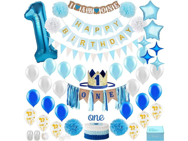 Baby Boy 1st Birthday Decorations With Birthday Crown - First Birthday Boy Decorations - Cake Smash Party Supplies - Happy Birthday and HighChair...