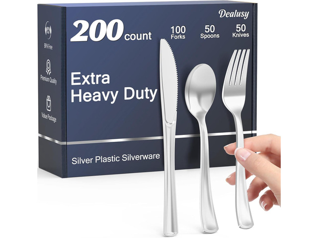 Dealusy 200 Count Heavy Duty Silver Plastic Silverware, 100 Forks, 50 Spoons, 50 Knives, BPA-Free, Heat Resistant, Disposable Plastic Utensils Set...