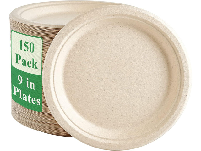 Vplus 150 Pack Paper Plates 9 inch 100% Compostable, Heavy-Duty Disposable Paper Plates Bagasse Natural Biodegradable Eco-Friendly Sugarcane
