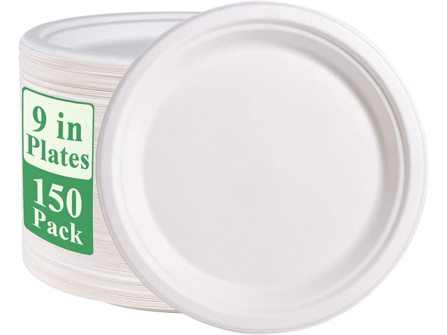Vplus 150 Pack Paper Plates 9 inch 100% Compostable, Heavy-Duty Disposable Paper Plates Bagasse Natural Biodegradable Eco-Friendly SugarcaneWhite