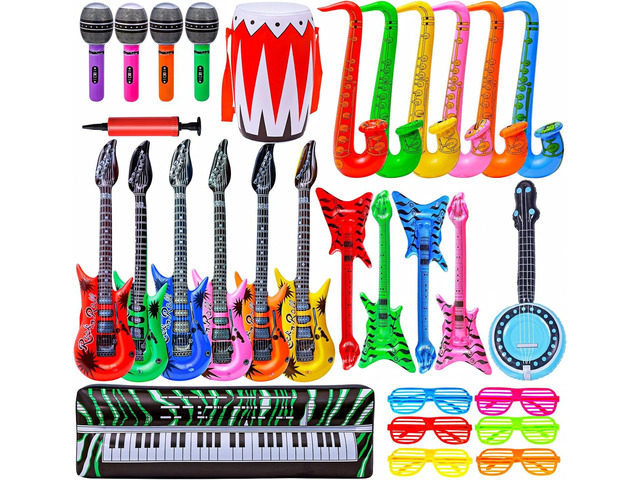 Max Fun Inflatable Rock Star Toy Set, 30 PCS 80s 90s Party Decorations Inflatable Party Props Musical Instrument Blow up Guitar Inflate Rock Band...