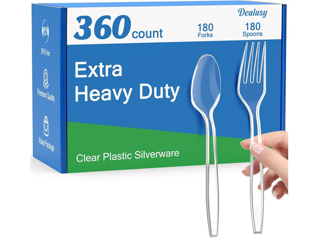 Dealusy 360 Count Extra Heavy Duty Clear Plastic Forks and Spoons, 180 Forks & 180 Spoons, Heat Resistant, Disposable Plastic Silverware Set