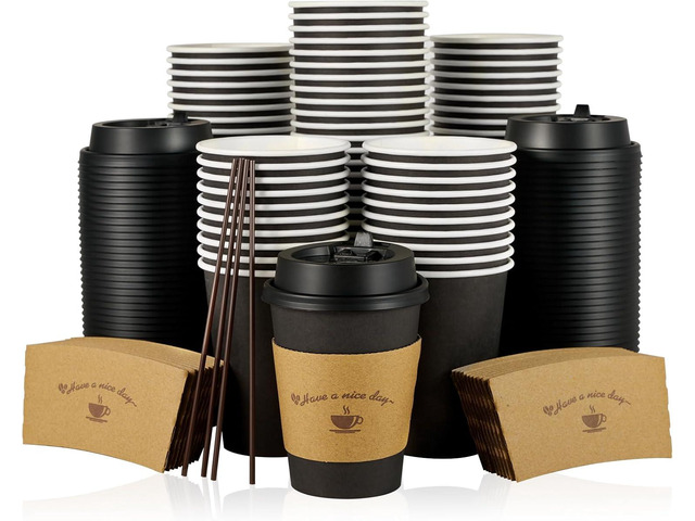 LITOPAK 100 Pack 12 oz Paper Coffee Cups for Hot Chocolate Drinks, Black Disposable Coffee Cups with Lids, Sleeves and Stirring Sticks for Parties,...
