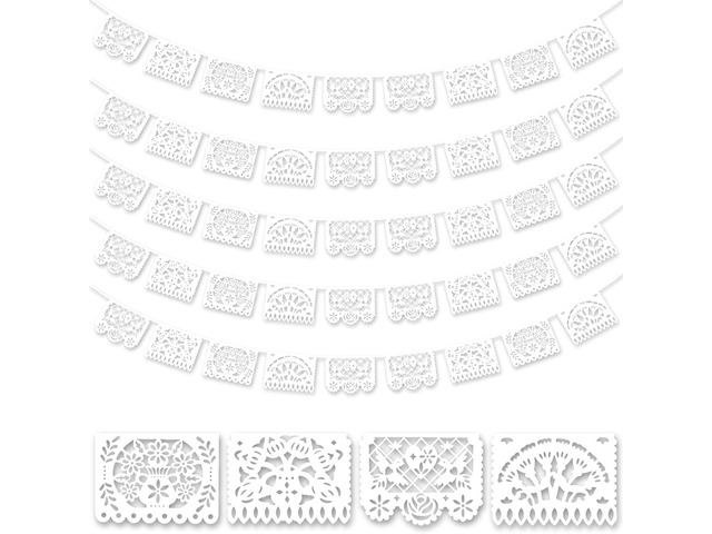 DomeStar 8 Packs 120 Ft White Mexican Party Banner Cinco De Mayo Decoration, Fiesta Party Decoration Papel Picado Banner Dia De Los Muertos Day of...