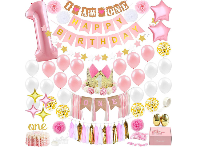 1st Birthday Girl Decorations WITH Birthday Crown- Baby First Birthday Decorations Girl - Pink and Gold Party Supplies - One Balloon, Heart and...
