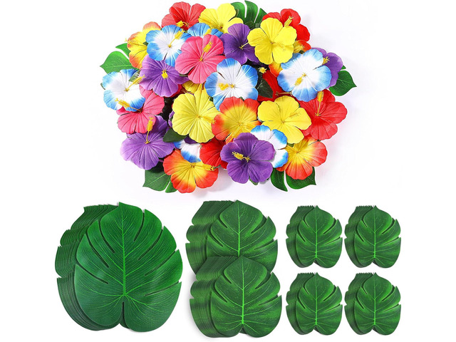 126Pcs Luau Party Decorations Supplies Tropical Palm Leaves Hibiscus Flowers Simulation Artificial Leaf for Hawaiian Luau Safari Parties Jungle...