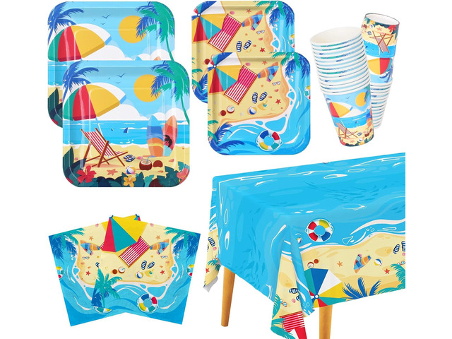 Beach Theme Party Supplies, Summer Pool Pack Includes: Paper Dinner Plates, Dessert Plates, Luncheon Napkins, Cups and Tablecloth for Hawaiian...