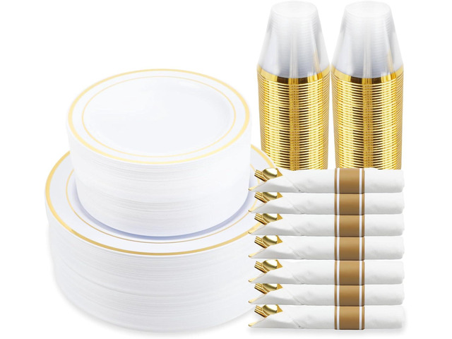 M MCIRCO 350 Piece Gold Dinnerware Set,100 Plastic Plates, 50 Cups,50 Pre Rolled Napkins with Plastic Silverware, Disposable Gold Dinnerware Set...