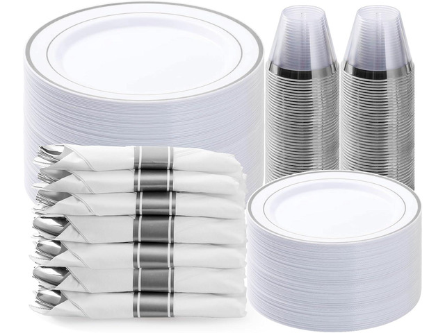 BESTVIP 350PCS Silver Plastic Dinnerware Set, Disposable Party Plates for 50 Guests, Include: 100 Plastic Plates, 50 Pre Rolled Napkins with Silver...