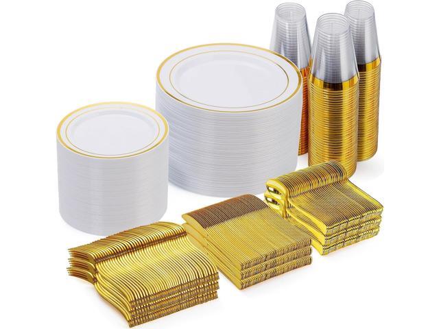 Goodluck 600 Pieces Gold Disposable Plates for 100 Guests, Plastic Plates for Party, Dinnerware Set of 100 Dinner and 100 Dessert Plates, 100.