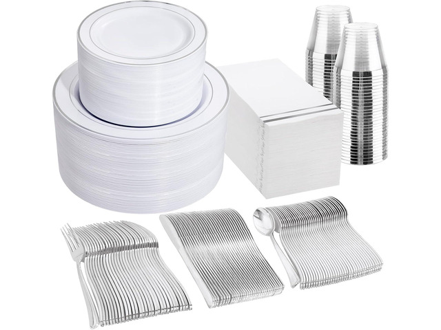 GATHER 700PCS Silver Plastic Plates - Silver Disposable Dinnerware Sets 100 Guest Include 200 Plates, 300 Silverware, 100 Napkins, 100 Cups For...